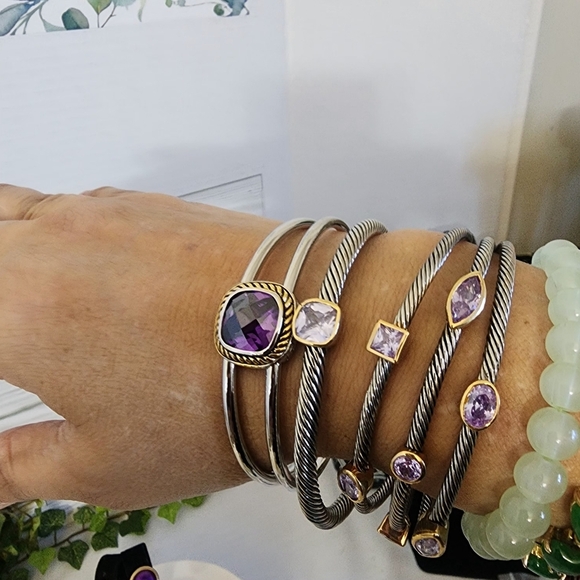 Silver Open Cuff Bracelet with Amerhyst Purple Crystal Stone - Picture 9 of 11